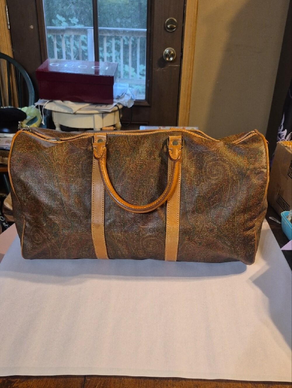 Etro Authentic Paisley Leather-Trim Weekender Travel Bag - Picture 2 of 11